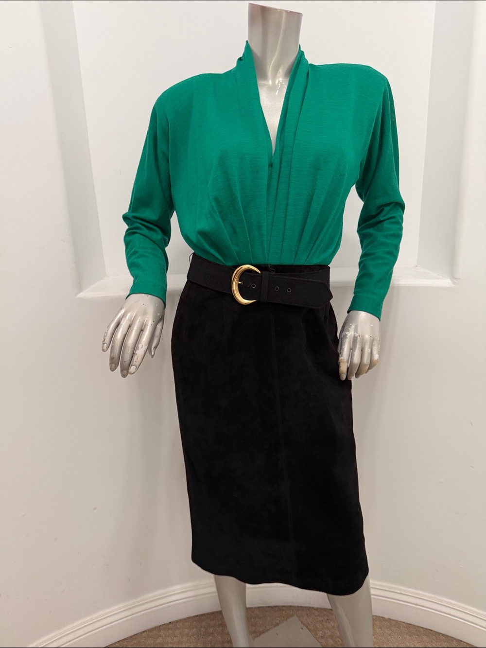 Vintage 80s St Gillian Kay Unger Dress Green Knit Black Suede Skirt Sz 6 USA